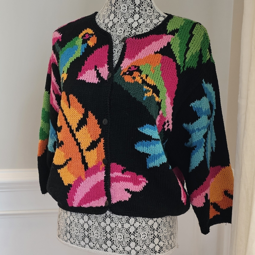 Dana Buchman 100% Cotton Iland Vacatolion cardigan Sweater Vibrant And Fun